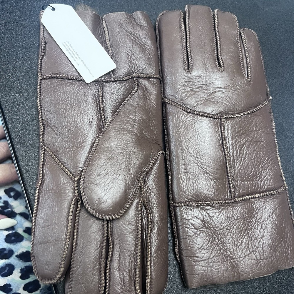 Brown Fuax Leather Gloves Warm Lining