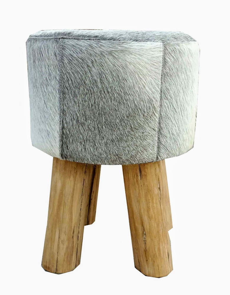 JONI Stool and Pouf in Grey Cowhide