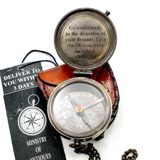 ENGRAVED POCKET COMPASS & KEYCHAIN NAUTICAL HANDMADE COMPASS & LEATHER POUCH