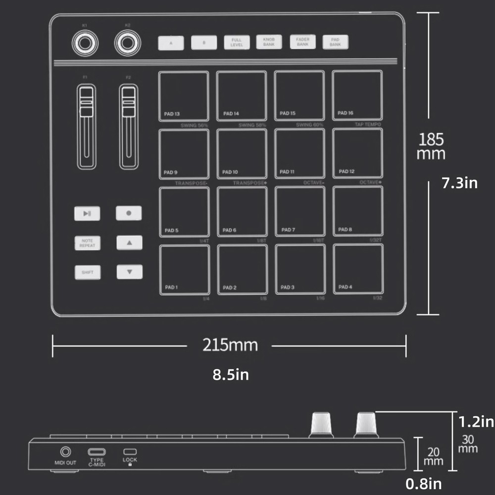 1* USB MIDI Controller Beat Maker 16 Beat Pads 2 Fader Knobs Drum Machine