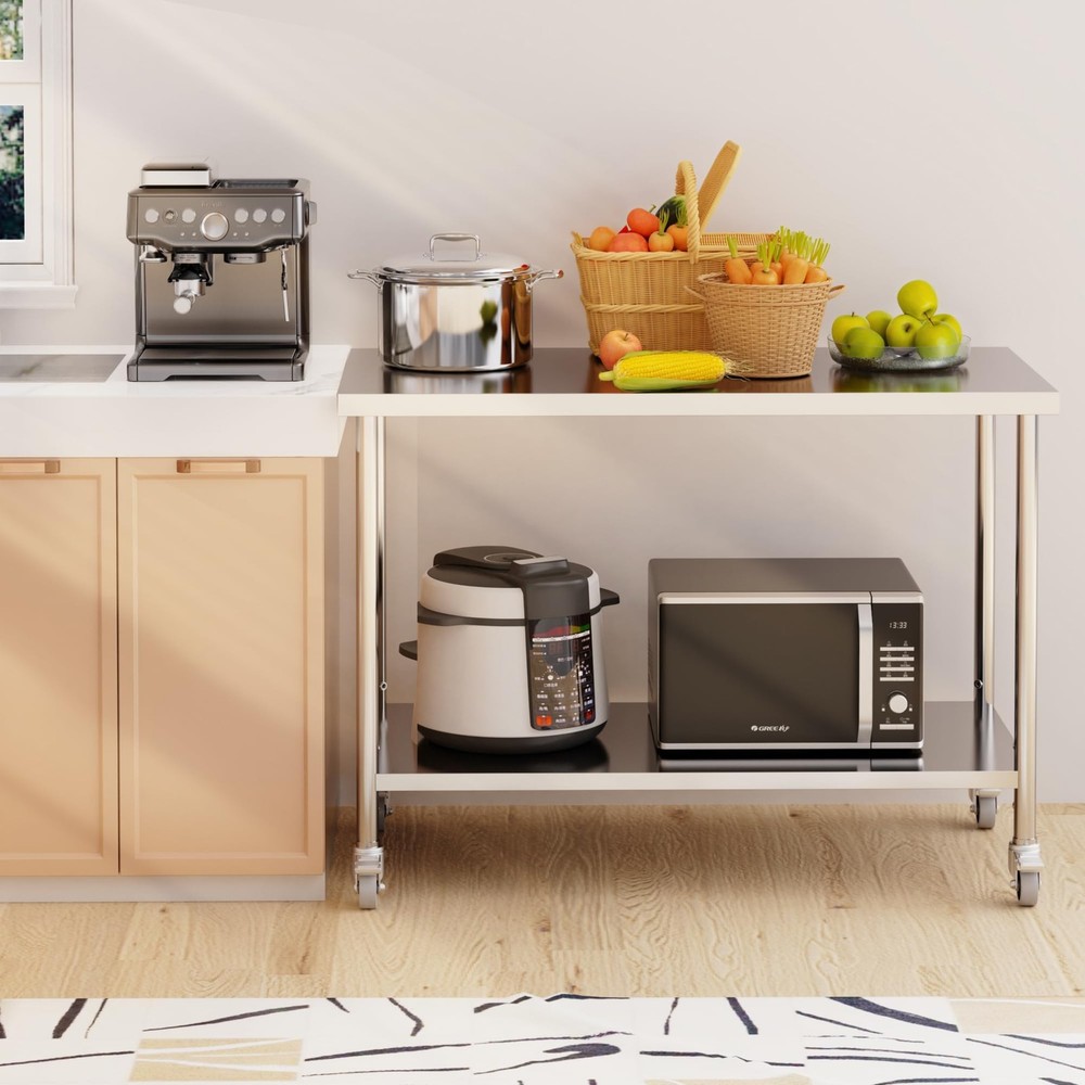 36" x 24" Stainless Steel Work Table with Adjustable Shelf and Locking Casters