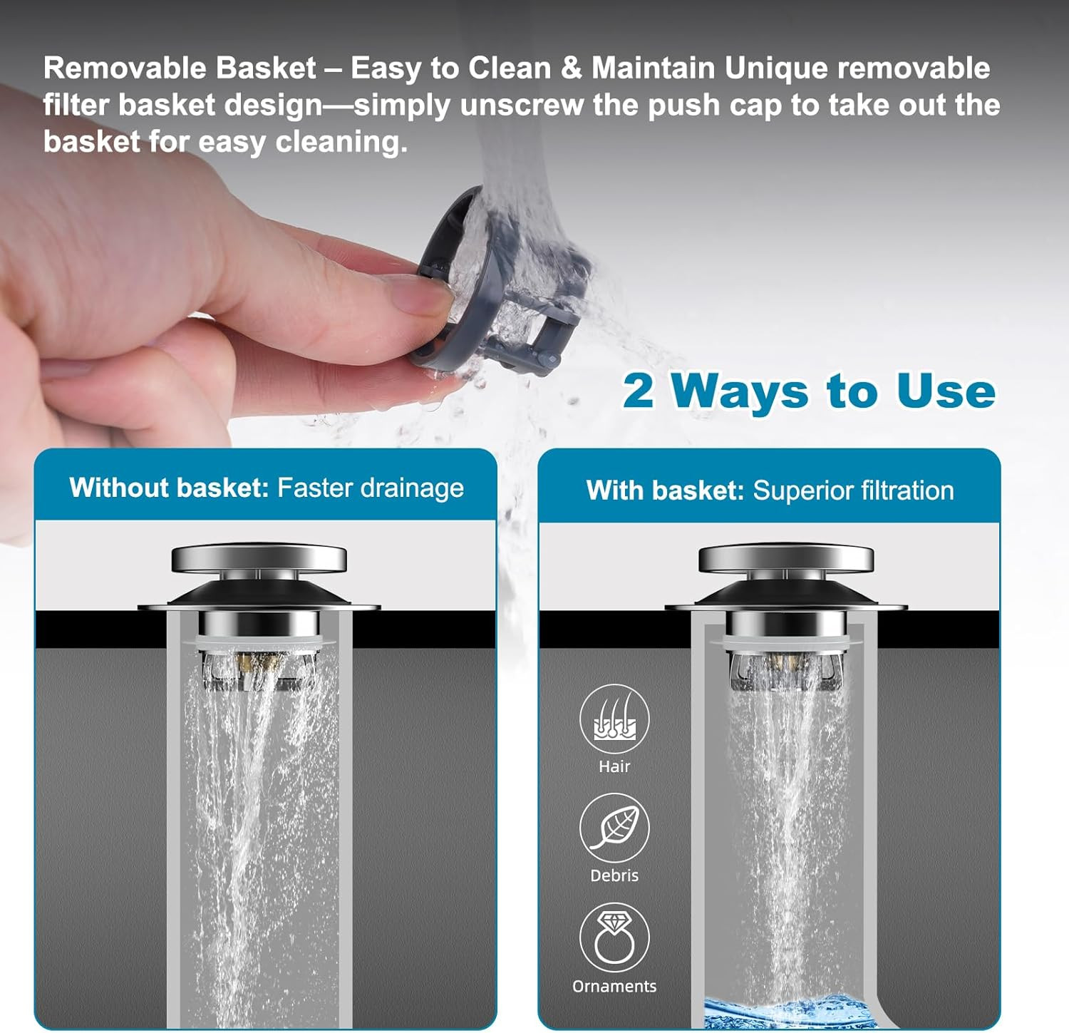 3-in-1 Universal Metal Bathtub Drain Stopper with Hair Catcher and Filter