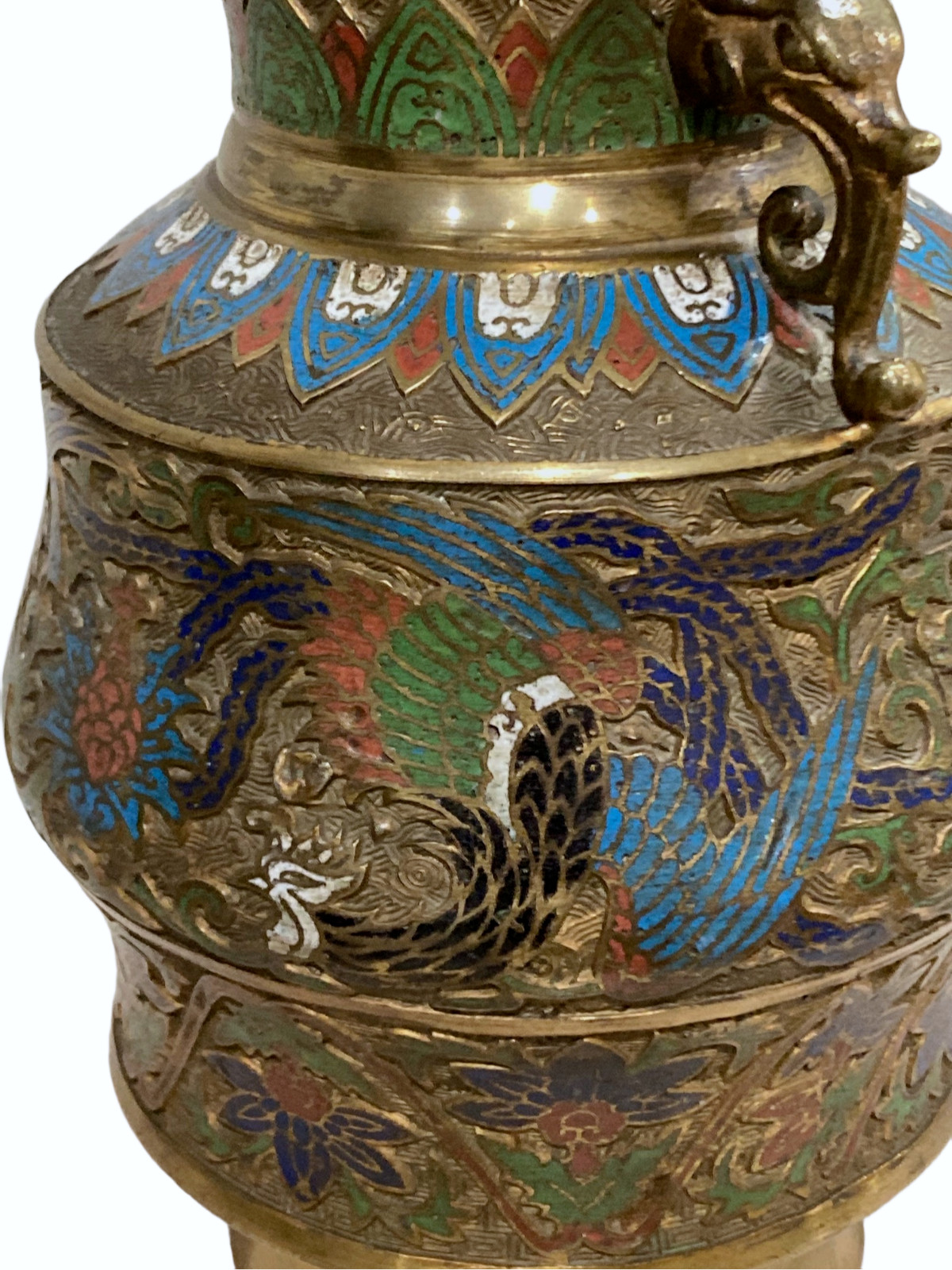 Antique Vintage Rare Shape Lrg Japanese Champleve Cloisonne Enamel Handled Vase