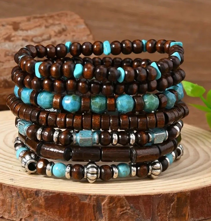 7 PC Handmade Boho Wood Bead Stackable 7” Plus Stretch Charm Bracelet Set B6073
