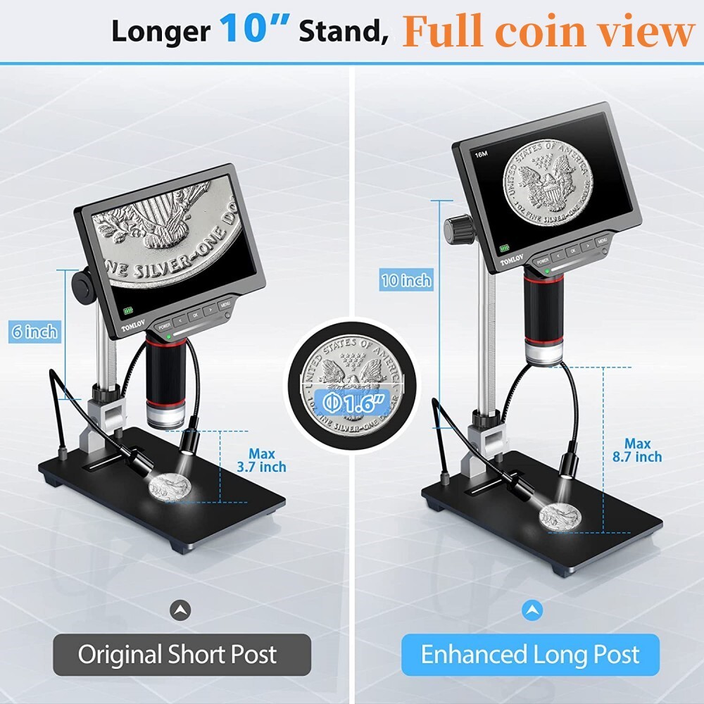 Elikliv 7'' Digital Microscope 10-1300X 16MP 1080P USB Coin Magnifier with Light