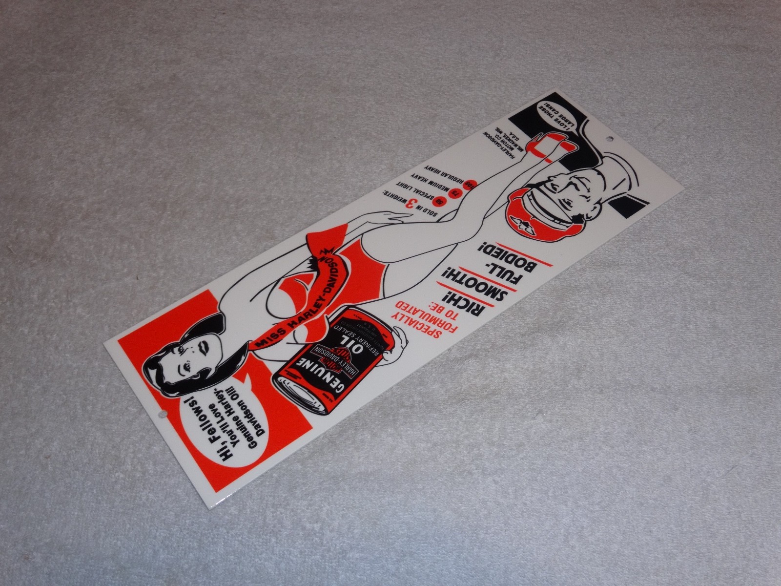 VINTAGE HARLEY DAVIDSON MOTORCYCLES WOMAN W/ LG OIL CANS 15" METAL GASOLINE SIGN