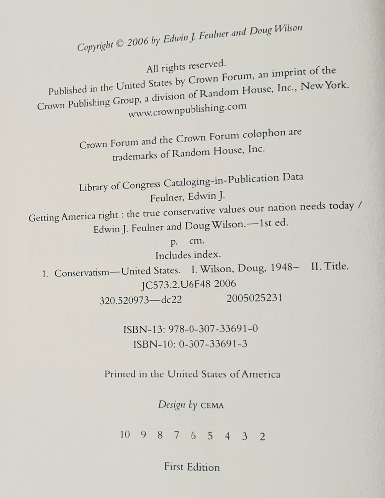 SIGNED Getting America Right by Edwin J. Feulner