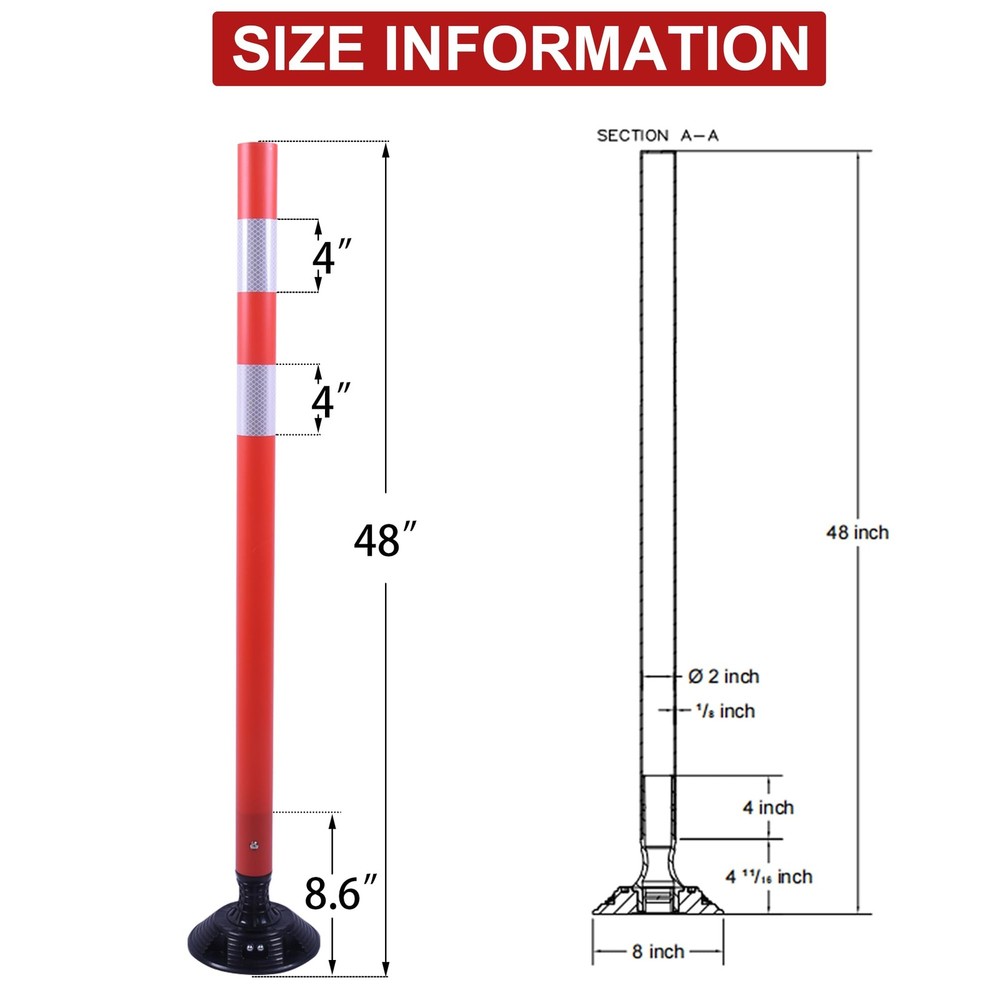 8 Pack 48 Inch Red Delineator Post Traffic Cones with Fixable Base