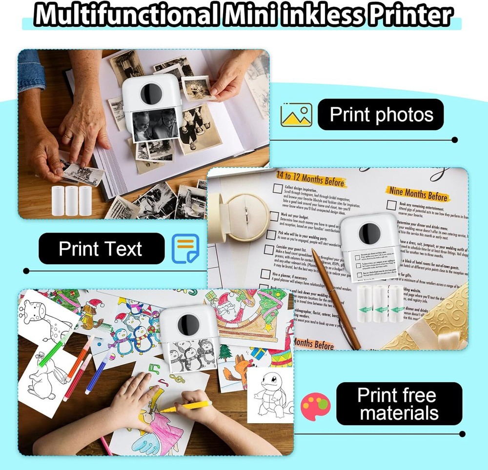 Mini Sticker Printer - Bluetooth Smart Pocket Inkless Thermal Printer w/10 Rolls