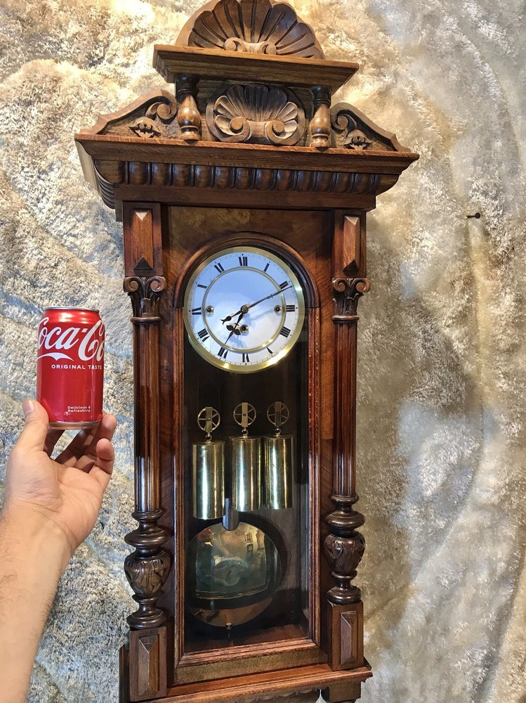 Rare Small Size,Antique Germany Wall Strike Clock,3 Brass Weights,walnut Case,