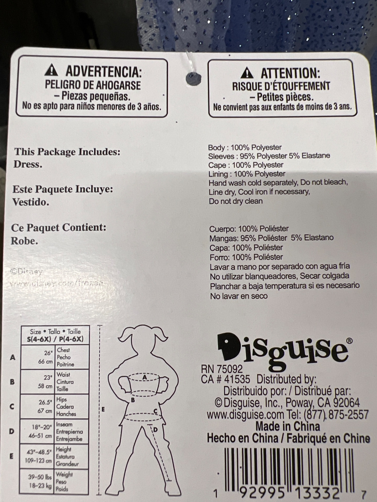 DISNEY FROZEN ELSA CHILD COSTUME SMALL 4-6X