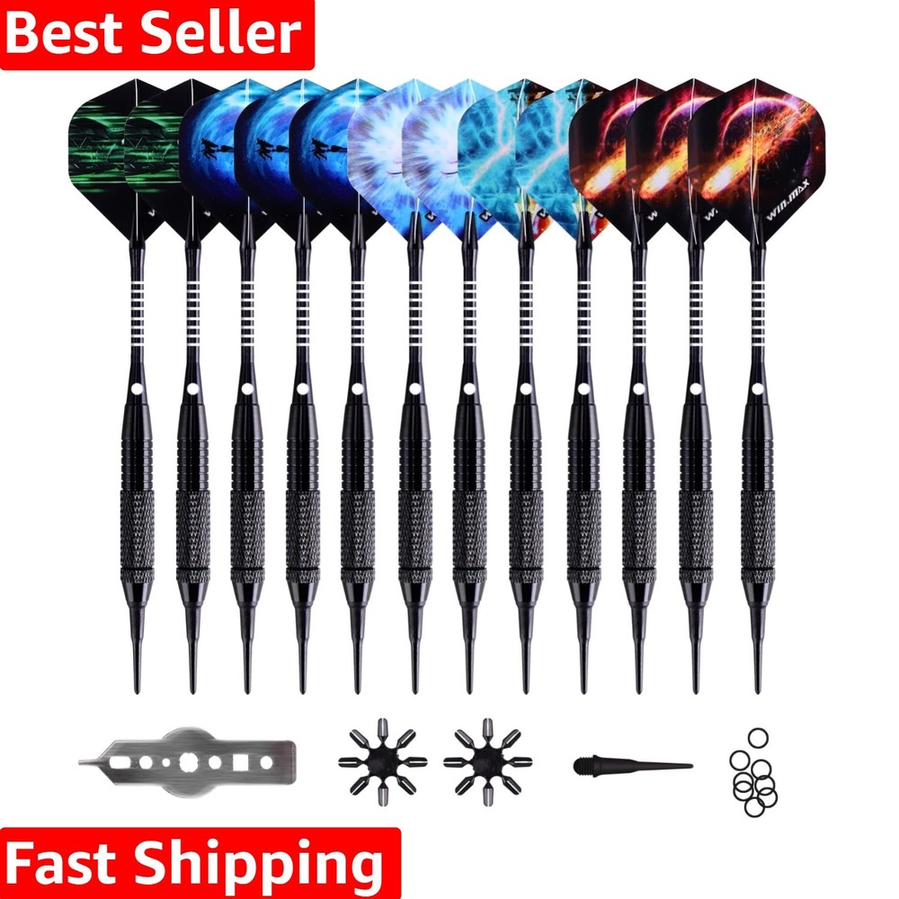 Precision-Control 18g Soft Tip Darts Set - 12 Darts, 100 Tips, Flight Protectors