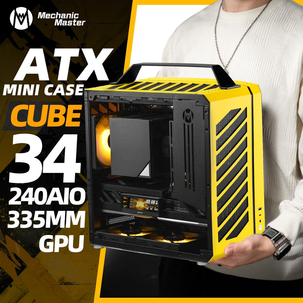 C34 Compact ATX Case with Carry Handle, Portable Desktop Computer Chassis, Suppo