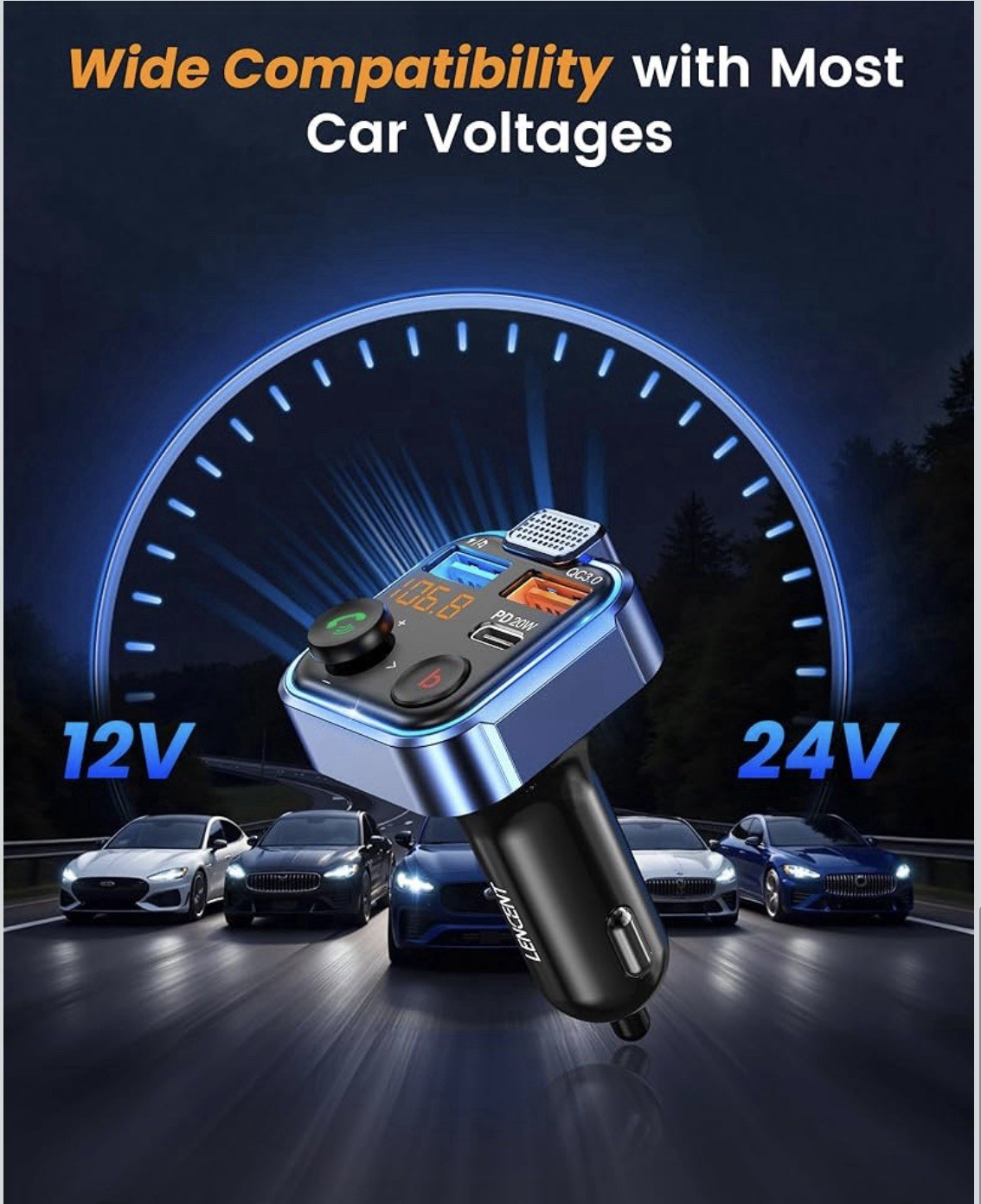 LENCENT Bluetooth FM Transmitter Car Adapter USB-C USB-A 20W Hands-Free Calling