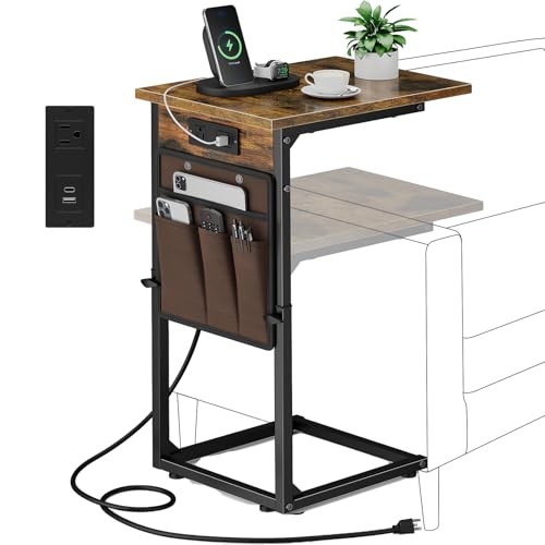 C Shaped End Table with Charging Station, Adjustable Rustic Brown With Plug