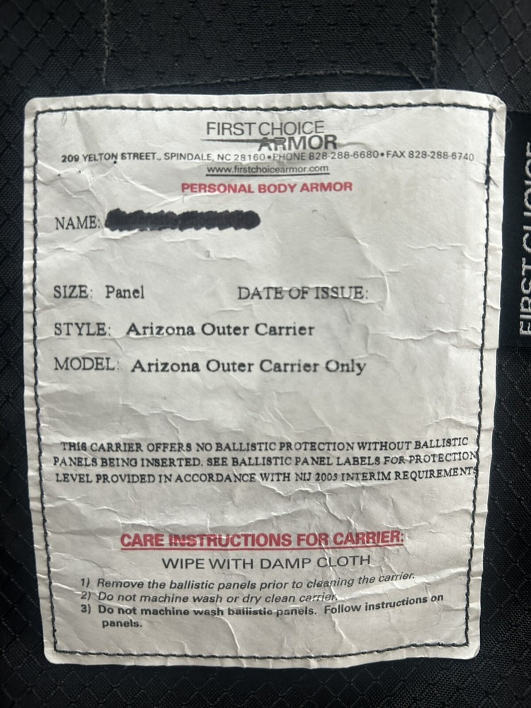 First Choice Armor Outer Carrier Vest - Tactical Panel Pre-Owned