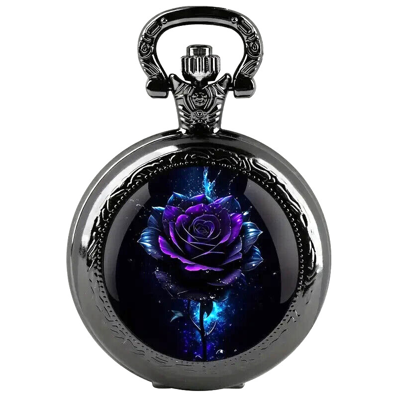 NEW Purple Rose Vintage Like, Quartz Pocket Watch, Black Necklace Chain 1.4wx.6d