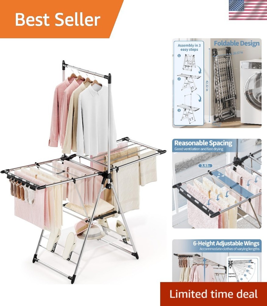Spacious Foldable Clothes Drying Rack with Adjustable Height Silver - 3 Levels
