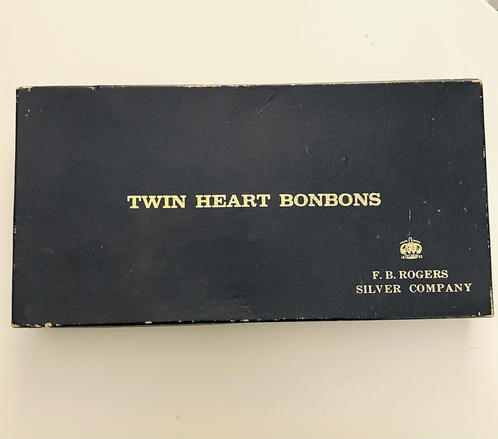 Vtg F. B Rogers Silver Company Twin Heart Double Bon Bon Dish USA BONBONS Box