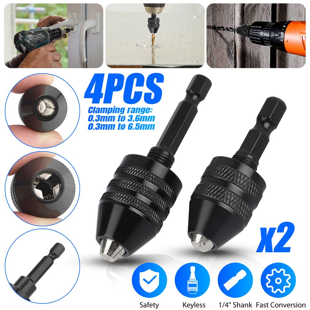 4x Keyless Chuck Conversion 1/4" Hex Shank Adapter Drill Bit Quick Change Driver