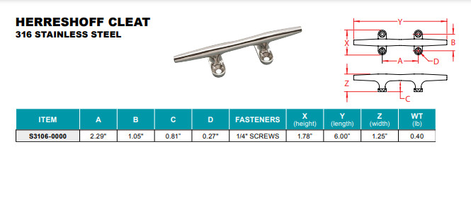 6" 316 Stainless Steel Open Base Marine Cleat - Herreshoff Tie Off - OEM Quality