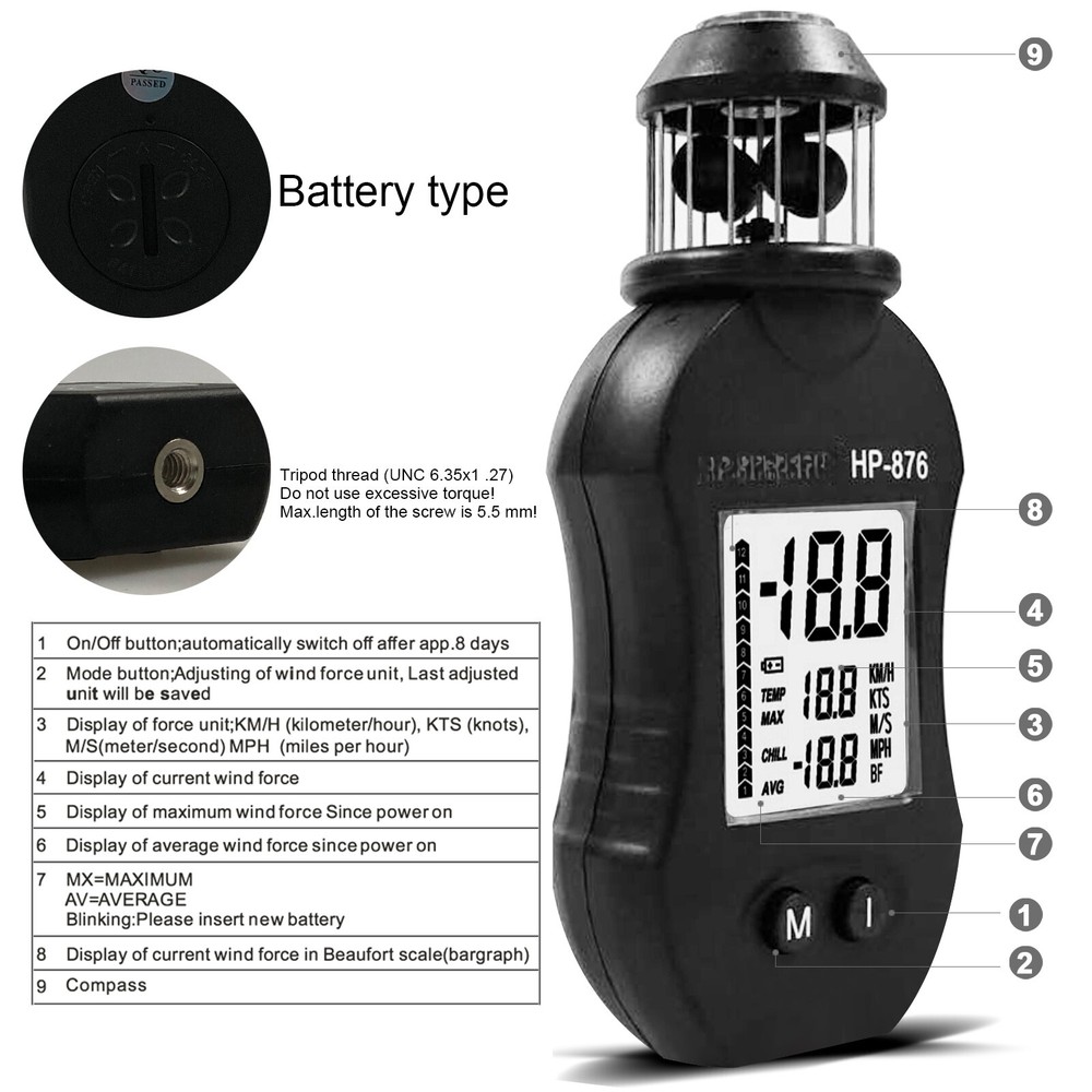 HP-876 Anemometer Handheld Digital Wind Speed Meter Measuring Air Speed