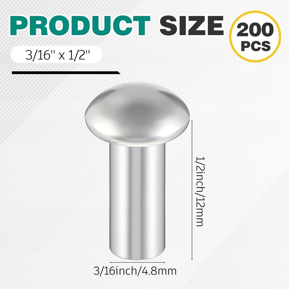 150 Pack 3/16" Diameter x 1/2" Length Solid Aluminum Brazier Head Rivets