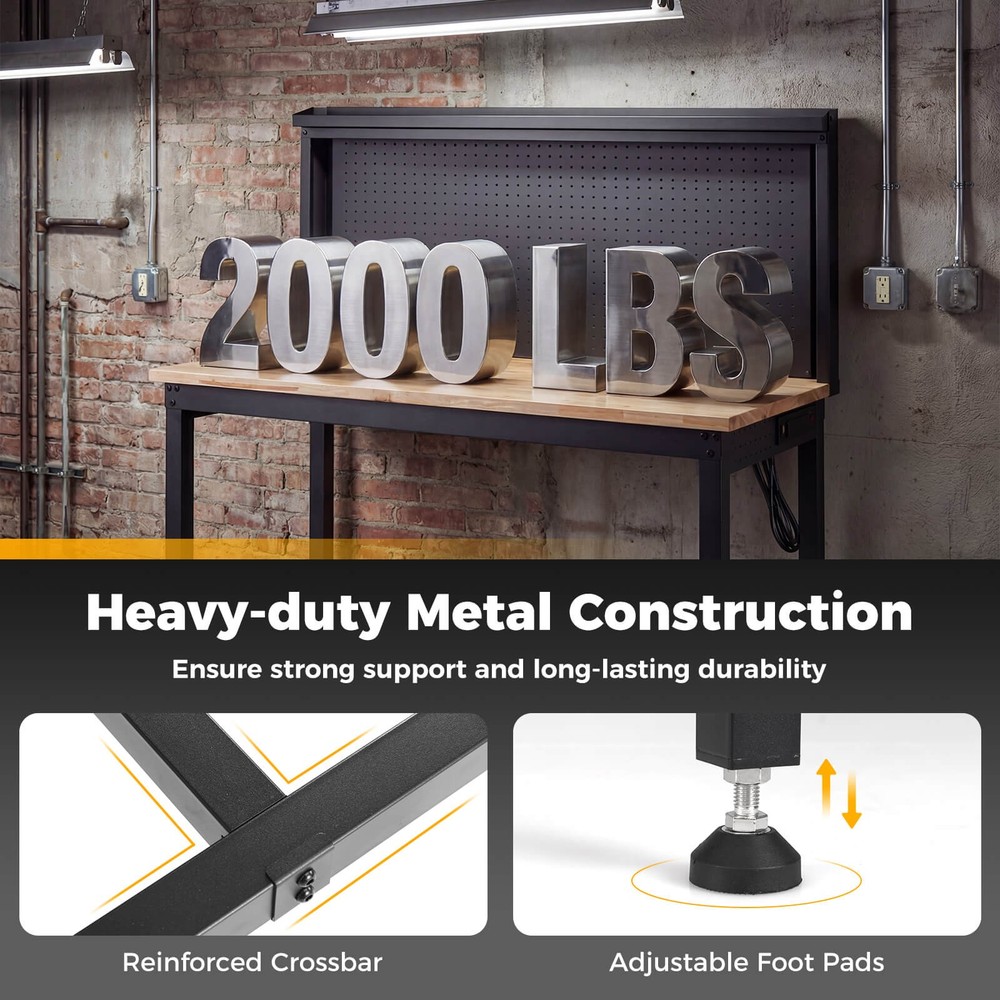 Heavy Duty Workbench with AC/USB Outlets and Pegboard, Max Load 2000 LBS