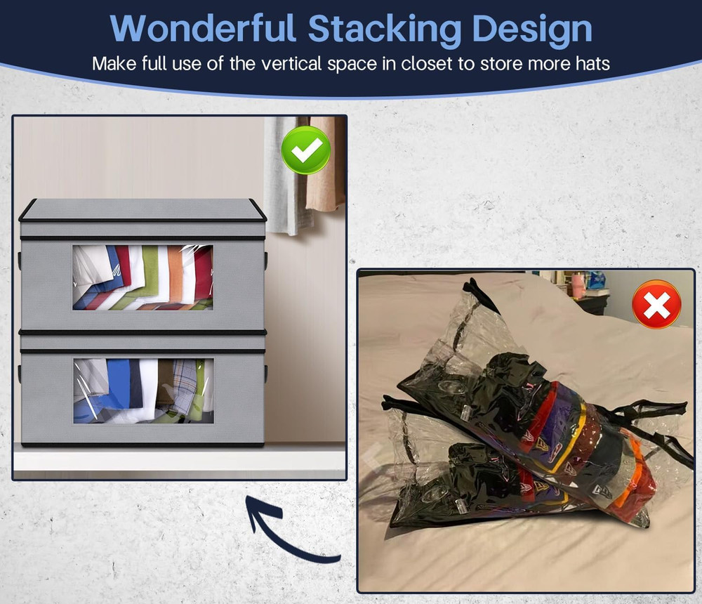 Stackable Hat Organzier for Baseball Caps, 2 PCS Hat Storage Boxes for Closet Ho