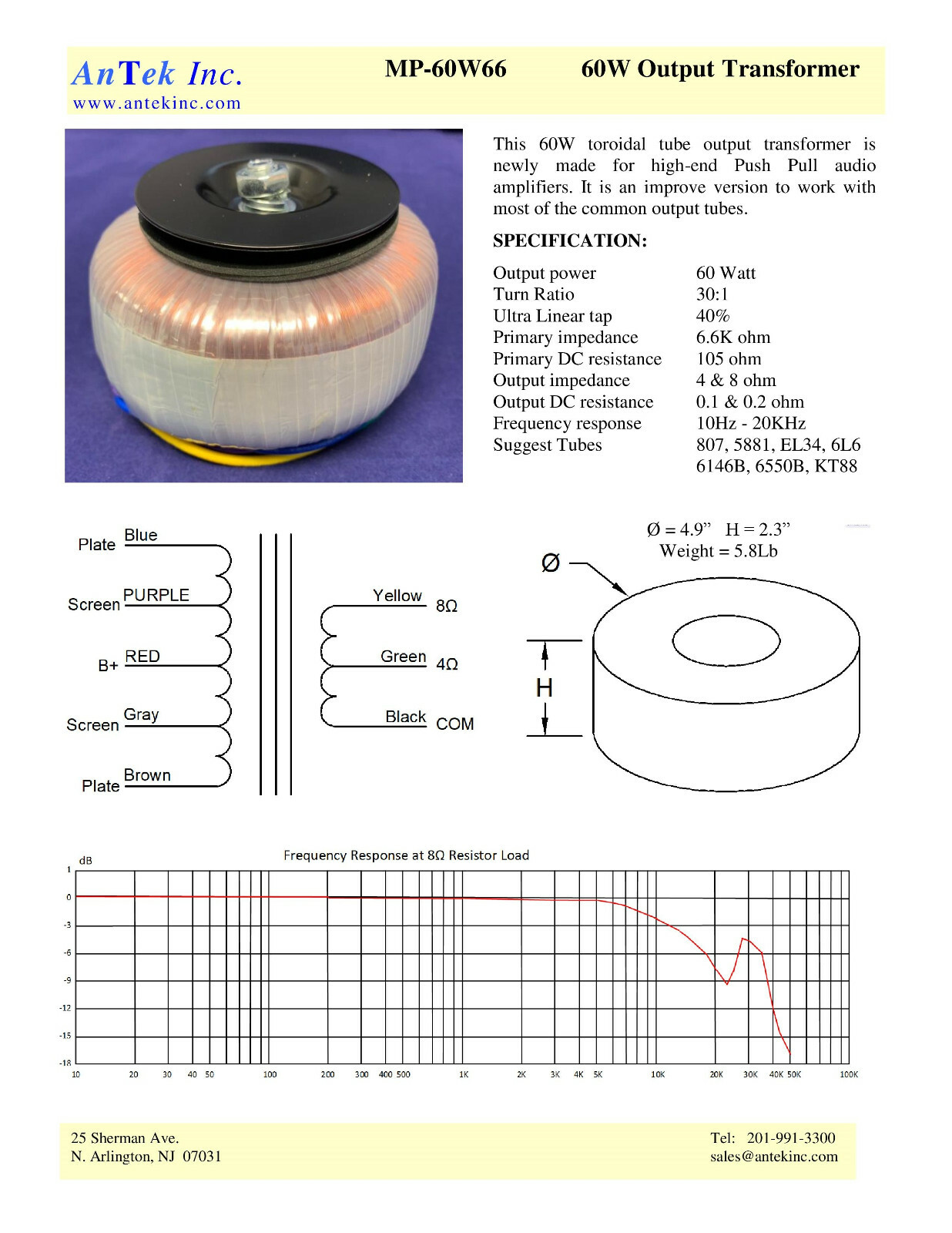 60W Toroidal Output Transformer for EL34 6L6 KT88 Tube Amplifier MP-60W66