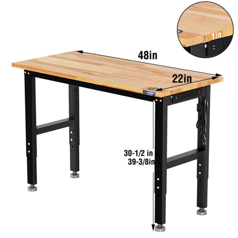 Workpro 48" Workbench Adjustable Height Work Table 1500LBS Load Rubber Wood Top