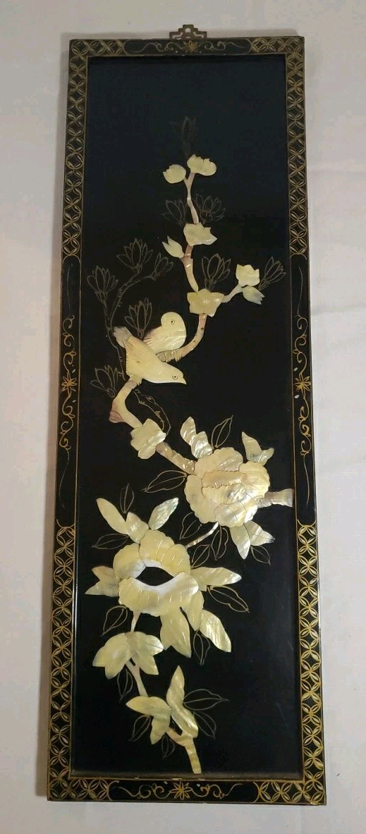 Vintage MCM 4-Panel Mother of Pearl/Black Lacquer Asian Art Wall Panels 36"x12"