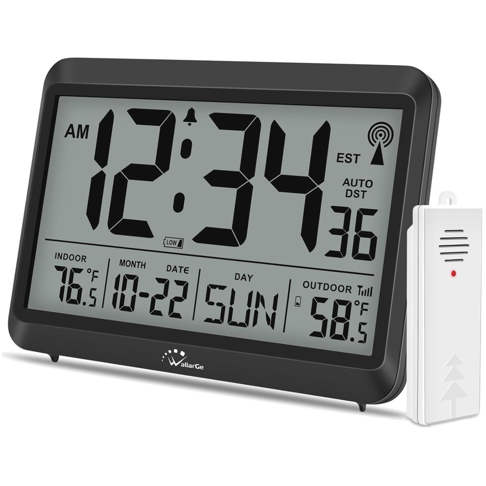 Modern Atomic Wall Clock - Self-Setting, Indoor Outdoor Temp