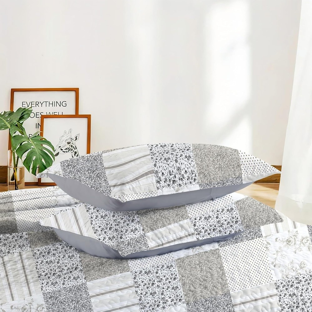 3 Piece Full Size Quilt Set Queen Lightweight Soft Plaid Patchwork Bedding
