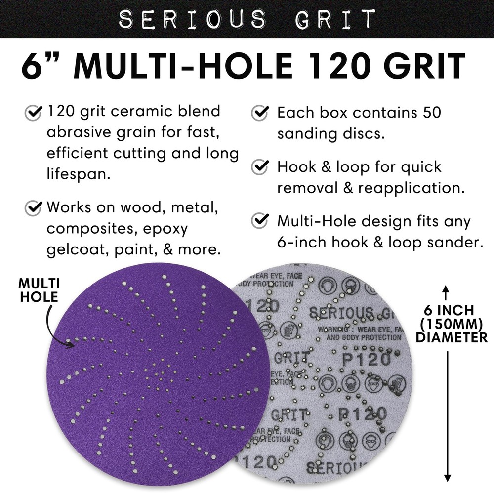 6-Inch 120 Grit Ceramic Multi-Hole Hook & Loop Sanding Discs - Advanced Grain...