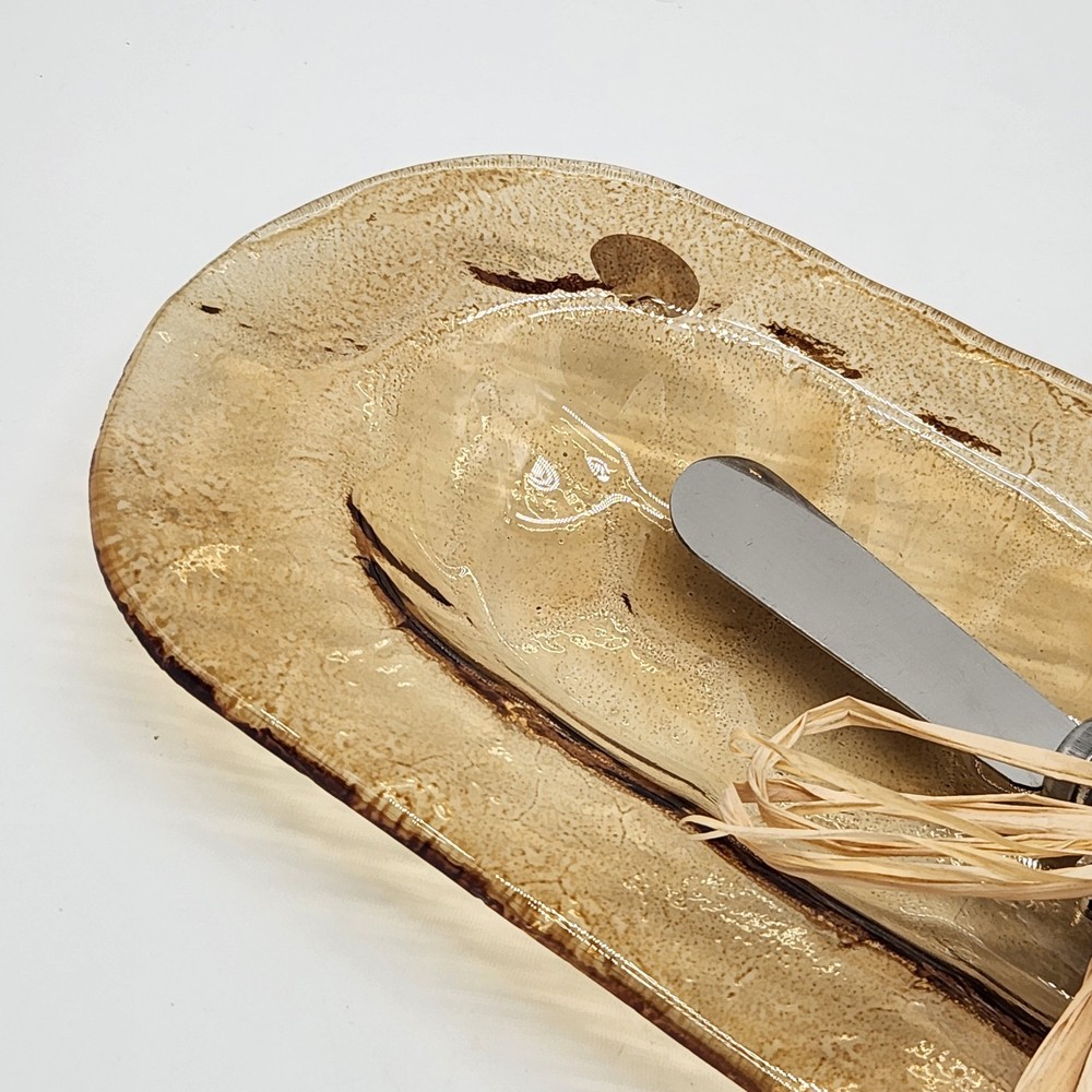 Glass Amber Harvest Leaf Server with Spreader