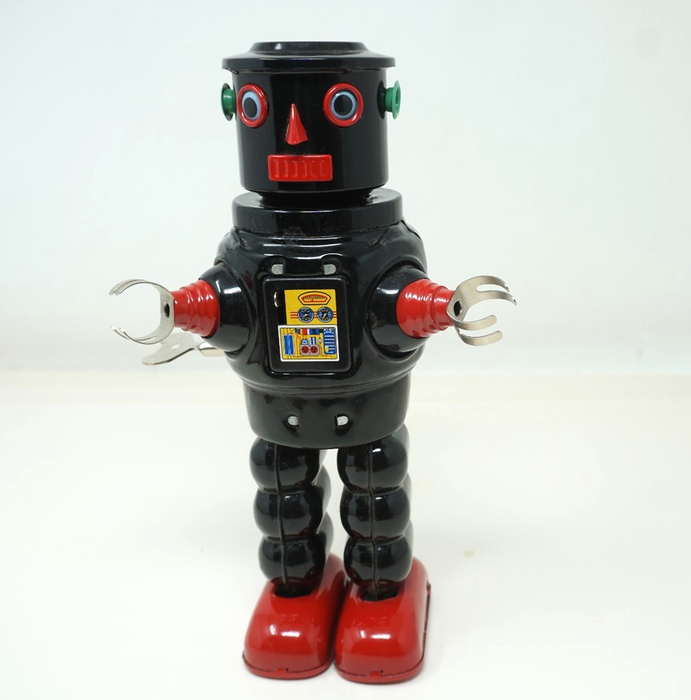 8.5'' Black Wind Up Mechanical Roby Tin ROBOT Working