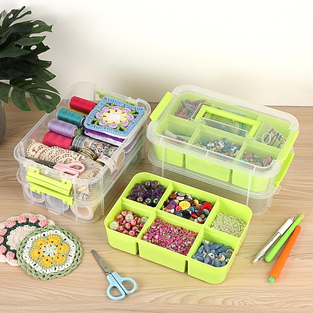 JUXYES 4-Tiers Stack Carry Storage Box With 2 Divided Tray, Transparent Stack...