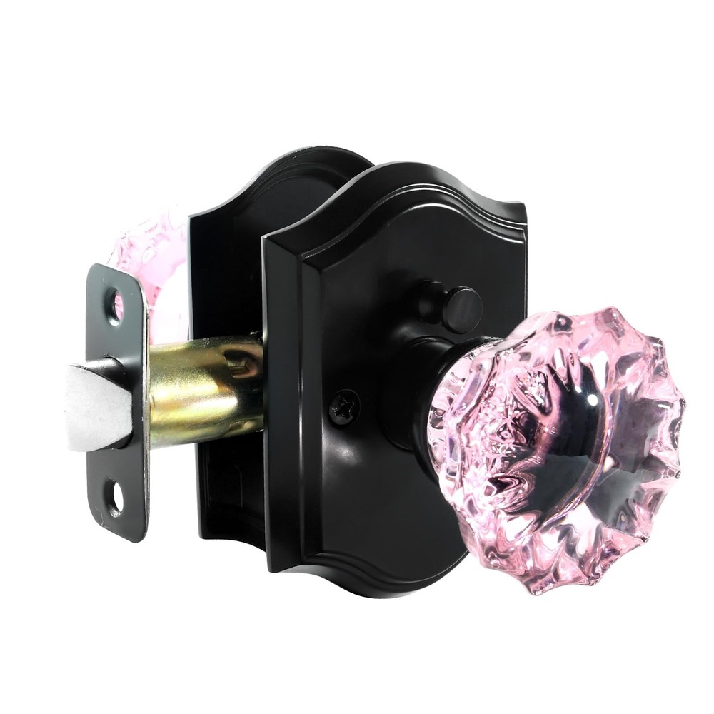 Crystal Door Knobs, Pink Black Glass Door Knobs Interior Rose Shape with Lock...