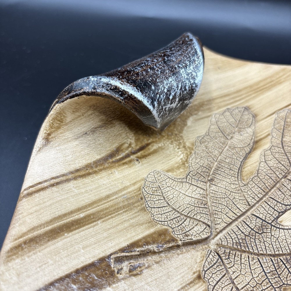 Studio Art Pottery Decor Dish Carved Leaf Pattern Metallic Curled Unsigned