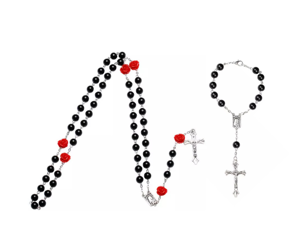 Black & Red Rose Bead 5 and 1 Decade Rosary Gift Set Catholic Christian 8mm bead