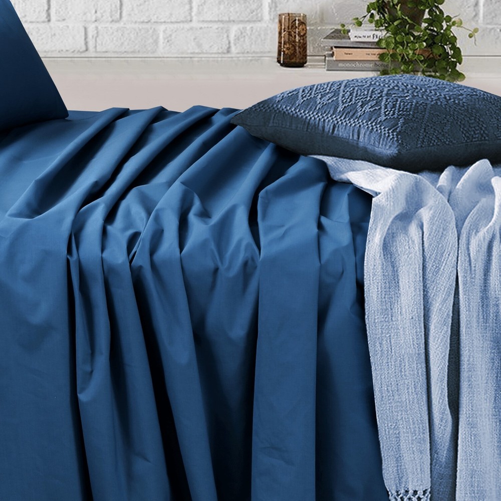 Fitted Flat Sheet Blue Cotton Rich Single Double King Queen Bed Sheets set