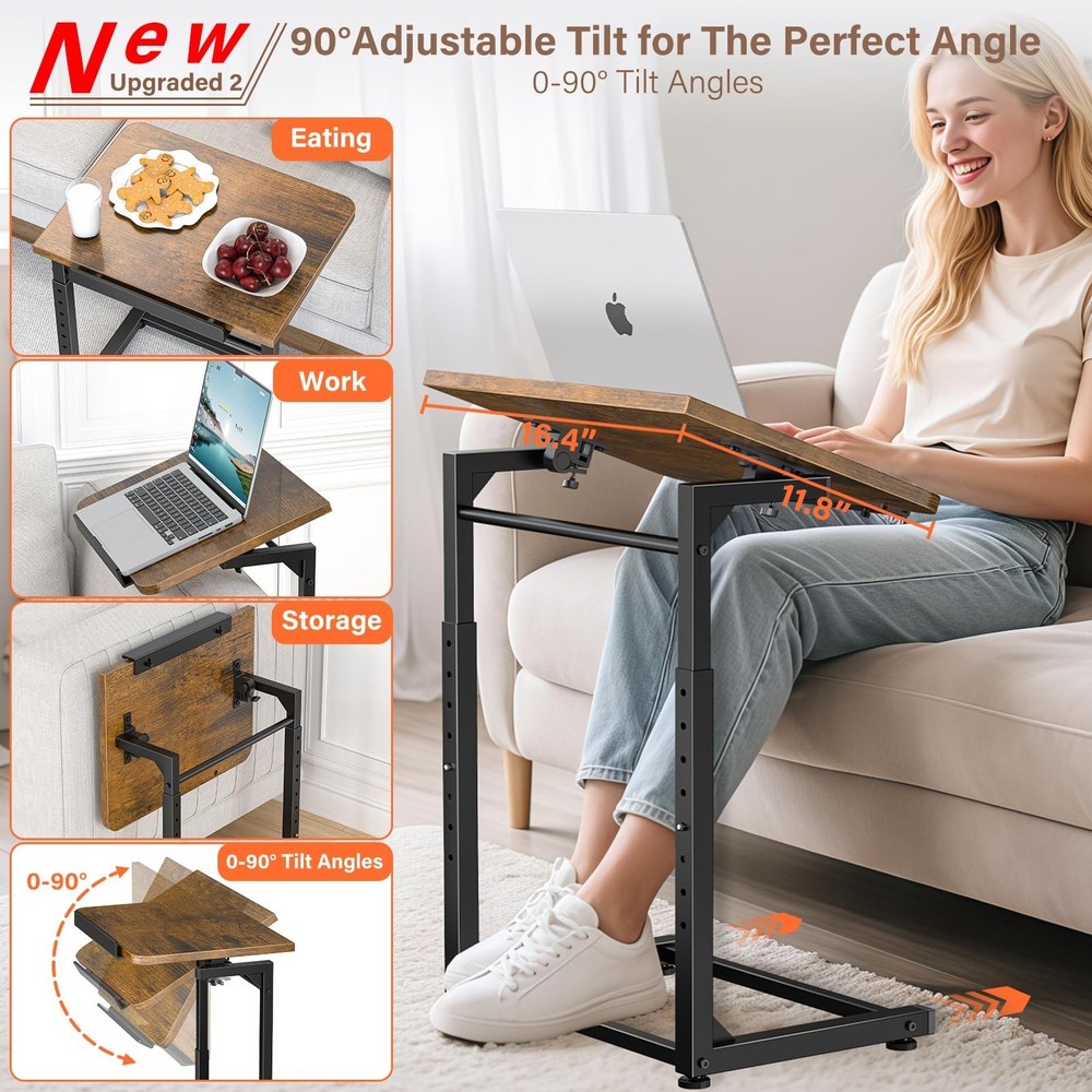 Tv Tray Table, 8-Level Adjustable Height Couch Side Table，90° Tilt A