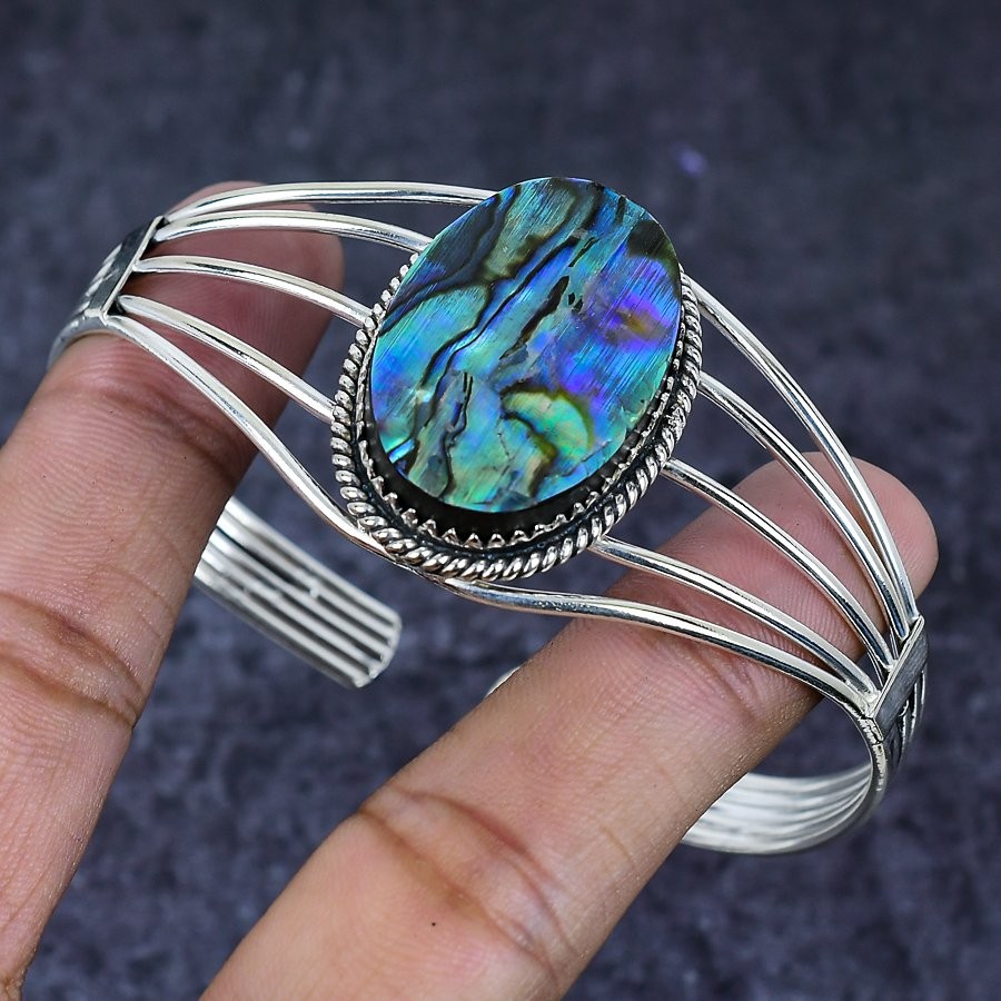 Abalone Shell Gemstone 925 Sterling Silver Cuff Bangle Adjustable C824