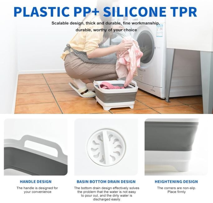 2 PACK! Gray Collapsible Sink with Drain, Wash Basin Camping Kitchen Laundry Tub