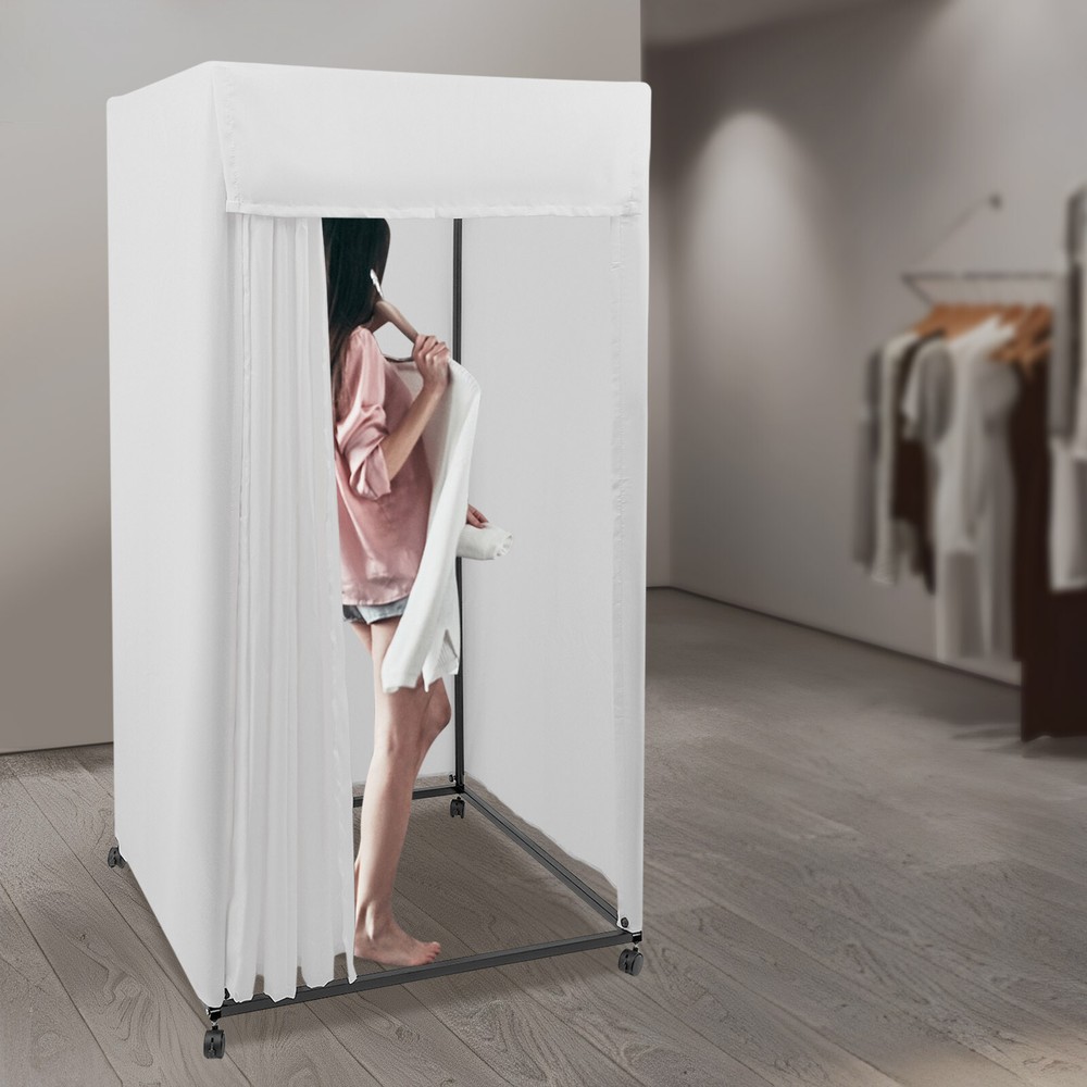 Portable Rectangular Dressing Room 4-Wheels Freestanding Movable Fitting Room