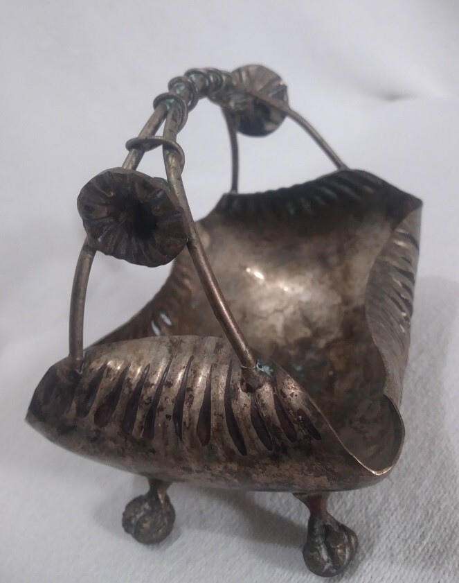 Silver Plated Footed Rectangular Metal Candy Dish 'basket' w/ Floral Handle '40s