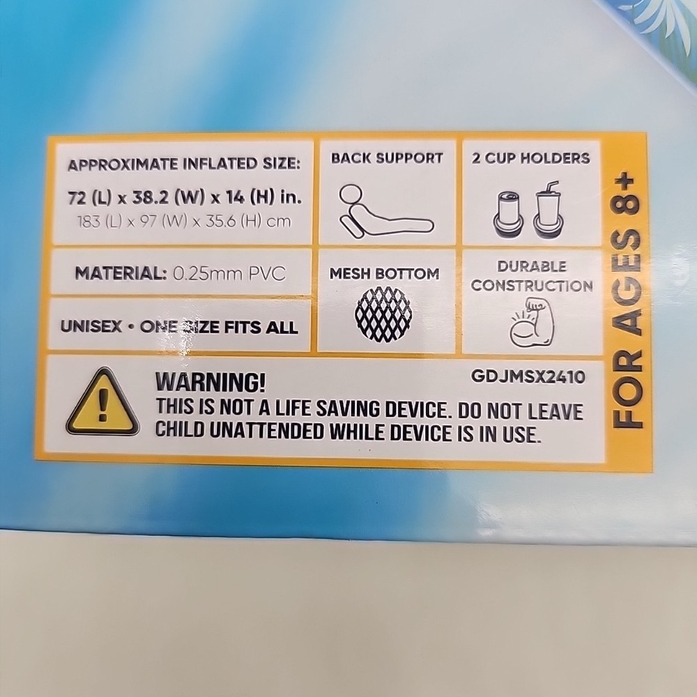 Inflatable Daybed Float With Back Support & Cup Holders Hobie Floatable 72" NEW