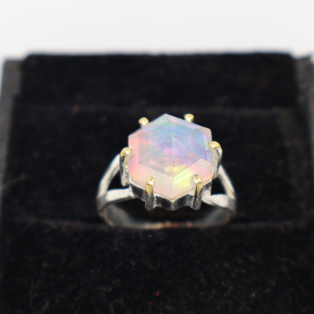 Aurora Opal Stone Ring, 925 sterling silver Ring, Round Shape stone Ring