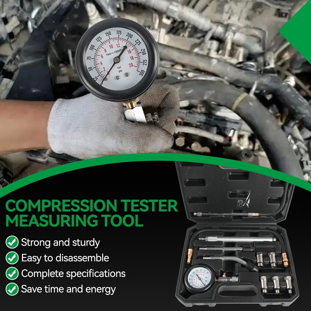 11Pcs Cylinder Compression Gauge Tester Kit Gas Engine Diagnostic Testing Tool